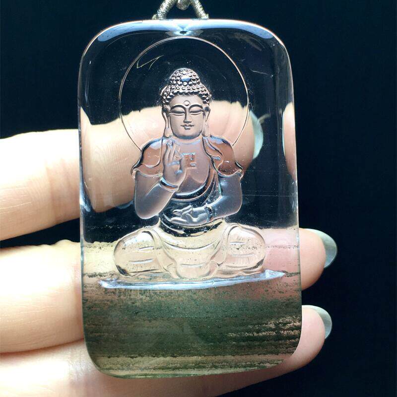 天然水晶巴西绿幽灵狗猪守护神阿弥陀佛项链吊坠51克千层山翠绿