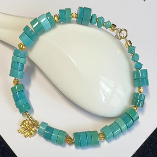 天然湖北原矿绿松石直切手串高瓷高色隔片手链18k金无油无水