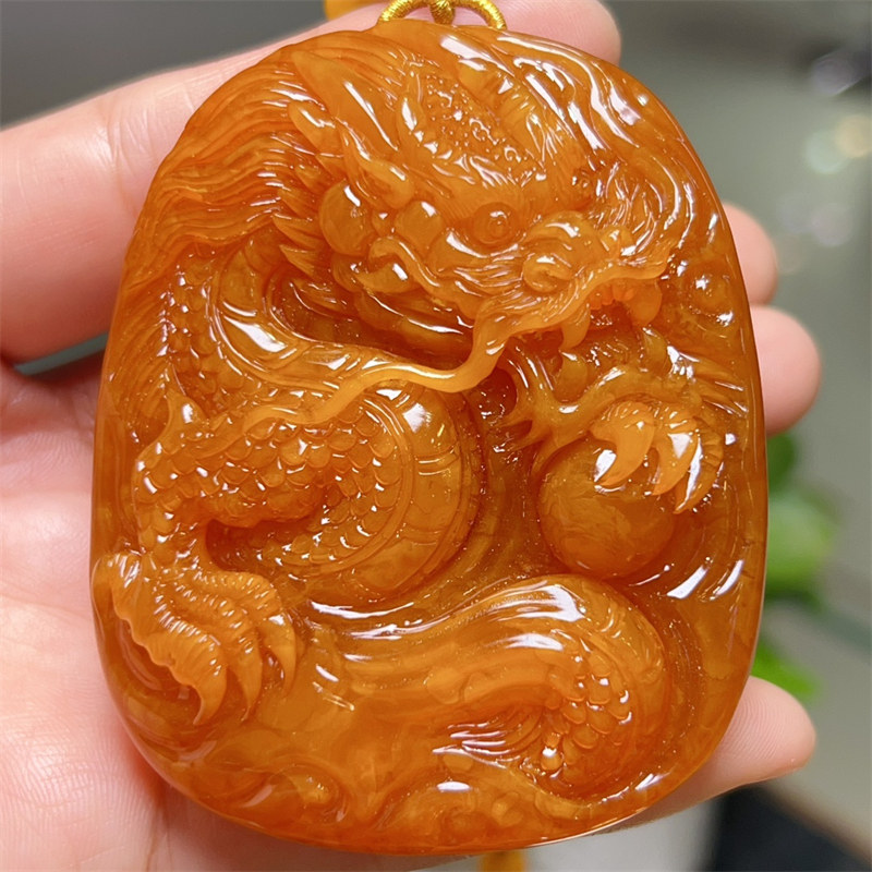 天然俄料原矿蜜蜡老花蜡精雕大龙牌地址项链配蜜蜡链无优化琥珀