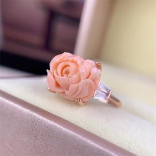 天然台湾莫莫珊瑚银牡丹花戒指s925银原色momo阿卡粉色白粉粉红颂