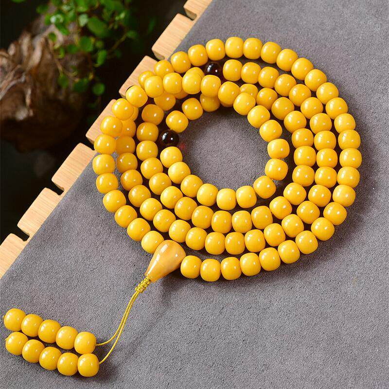 天然俄料原矿鸡油黄蜜蜡老型108粒佛珠手串女款项链10mm无烤色