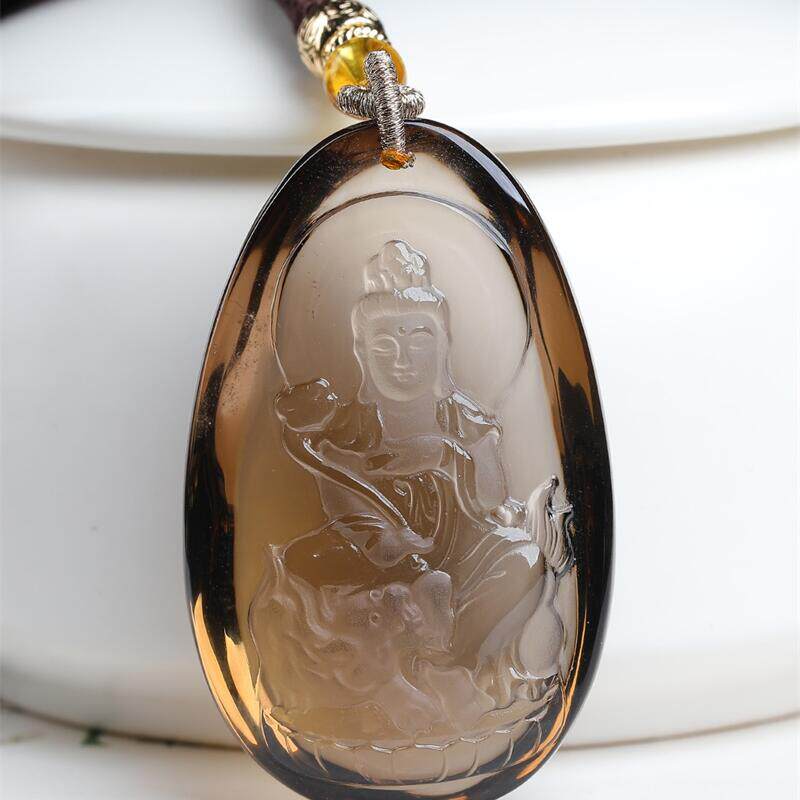 天然水晶巴西茶黄水晶文殊菩萨观音项链吊坠29.3克茶水晶烟晶