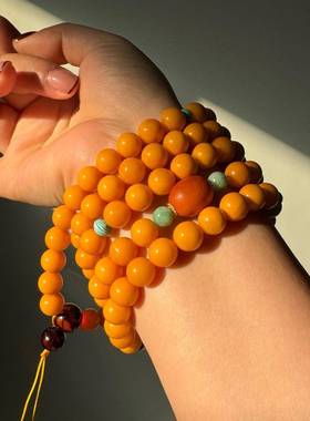 天然俄料鸡油黄蜜蜡10mm108佛珠手链 项链手链 重65.2克 配证书nn