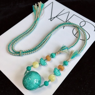 天然湖北原矿高瓷绿松石圆珠吊坠项链乌兰花一级网花水草纹