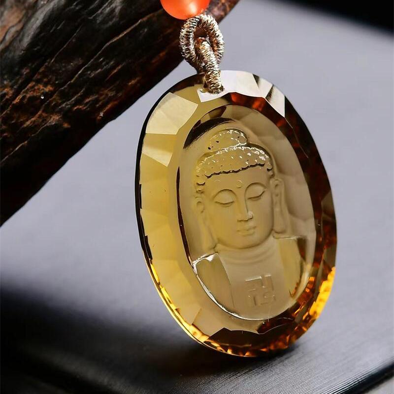 收藏品天然巴西黄水晶千禧面雕刻大日如来吊坠项链钻石切工12.5即