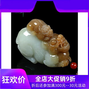 玉石皮休携子上朝文玩yzf 新疆和田玉糖白玉母子貔貅手把件男款