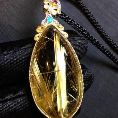 天然水晶巴西金发晶水滴18k金项链吊坠20克钛晶板钛猫眼原矿贺