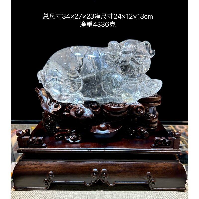 天然巴西原矿白水晶手工雕刻生肖猪精致摆件摆饰家居办公4336克凯