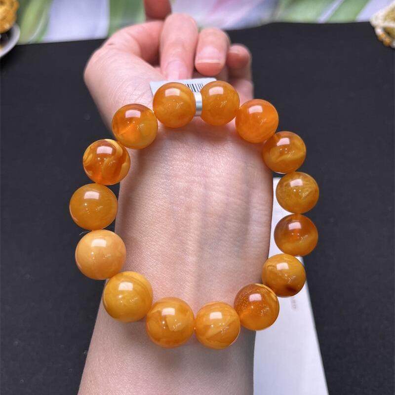 天然欧洲原矿回流蜜蜡手链手串14.7mm妖花纹无优化无烤色琥珀秀
