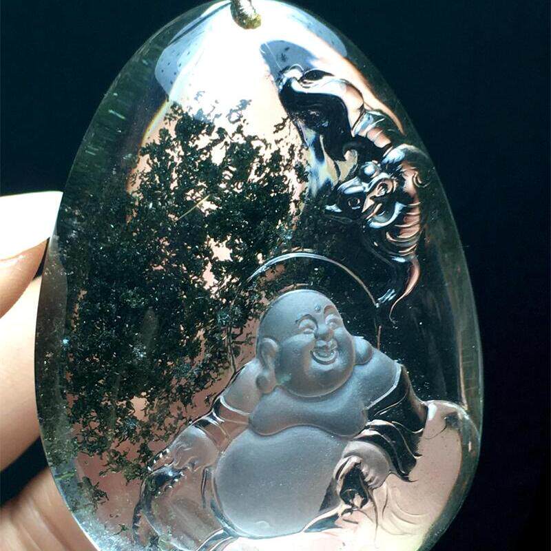 天然水晶巴西绿幽灵大肚弥勒佛项链吊坠71克通透体千层山翠绿