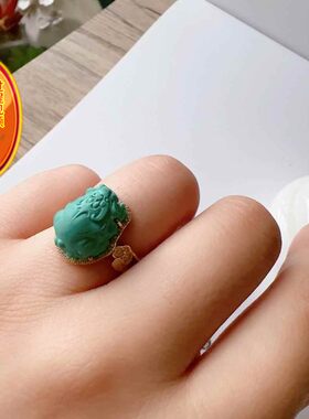 天然湖北原矿绿松石貔貅戒指 高瓷玉化料 18k金镶嵌伴钻石重5克jd