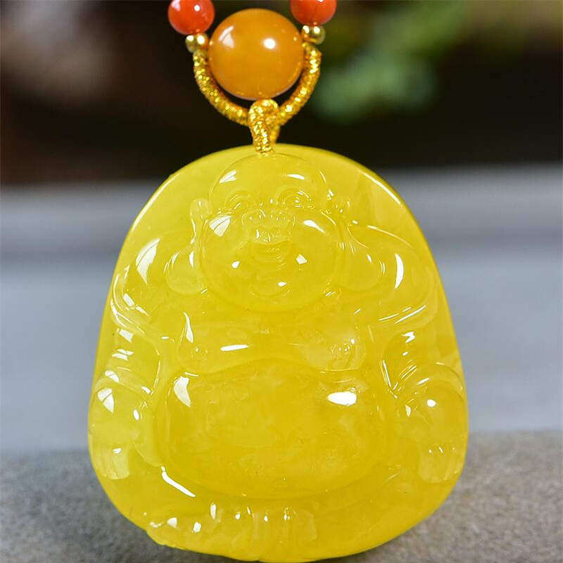 天然俄料原矿鸡油黄蜜蜡弥勒佛吊坠女款项链14克无优化无烤色凯