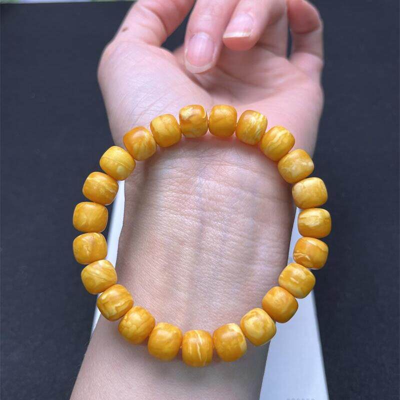 天然俄料原矿石膏蜡花蜡老型手链手串9.6mm无优化无烤色琥珀