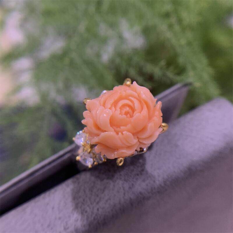 天然台湾莫莫粉珊瑚牡丹花戒指s925银原色momo有机宝石阿卡粉红颂
