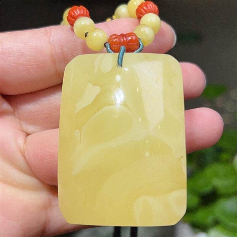 天然原矿白花蜜蜡无优化无烤色平安无事牌项链毛衣链吊坠40.1克贺