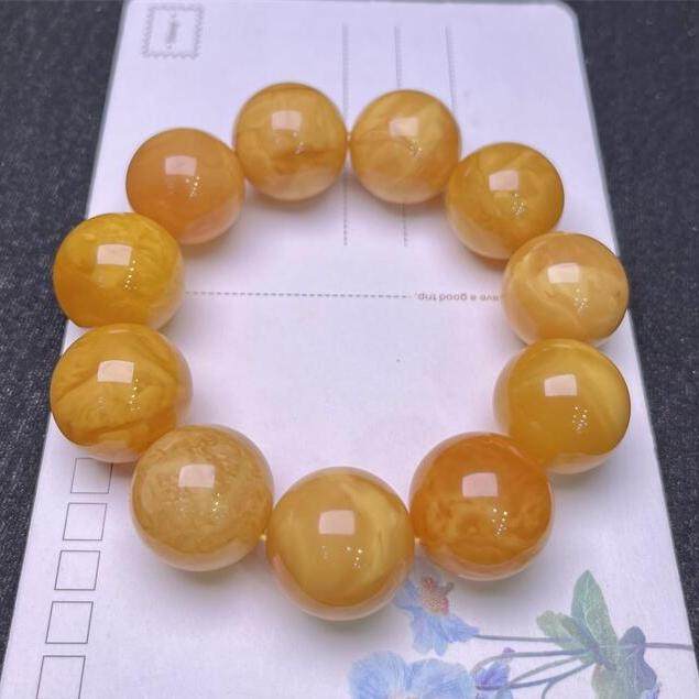 天然欧洲原矿回流老花蜜蜡手链手串22mm妖花纹无优化无烤色琥珀秀