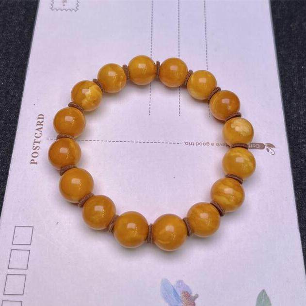 天然俄料原矿古董老花蜜蜡手链手串11.6mm无优化无烤色琥珀秀