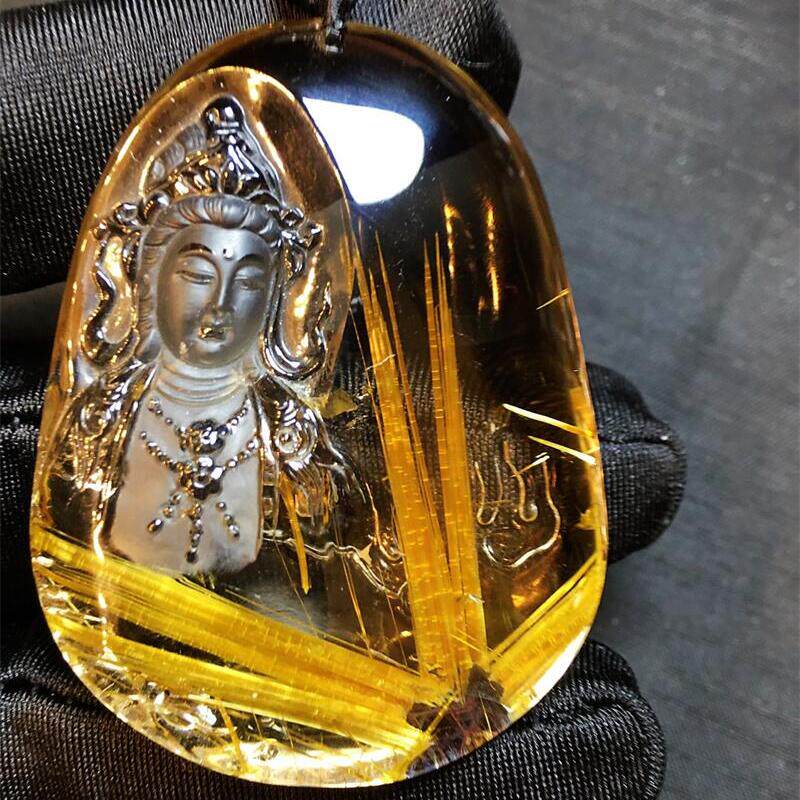 天然水晶巴西钛晶金发晶雕刻观音项链吊坠46克板钛猫眼原矿顺发贺
