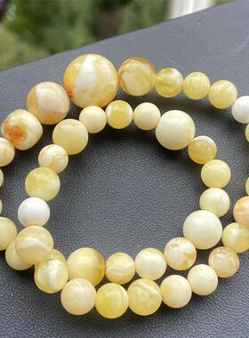 天然俄料原矿白花蜜蜡圆珠双圈手链手串7-14mm无优化无烤色琥珀速