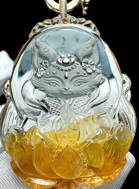 天然水晶黄胶花九尾狐水晶项链吊坠59.7克聚宝盆火彩凤凰焦花秀