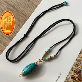 天然湖北原矿绿松石桶珠吊坠项链 高瓷乌兰花桶珠18k金钻石镶嵌jd