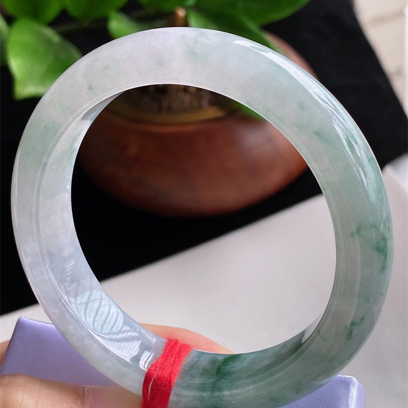 天然缅甸A货圈口55翡翠a货飘花冰糯种宽边女款手镯原矿正品即