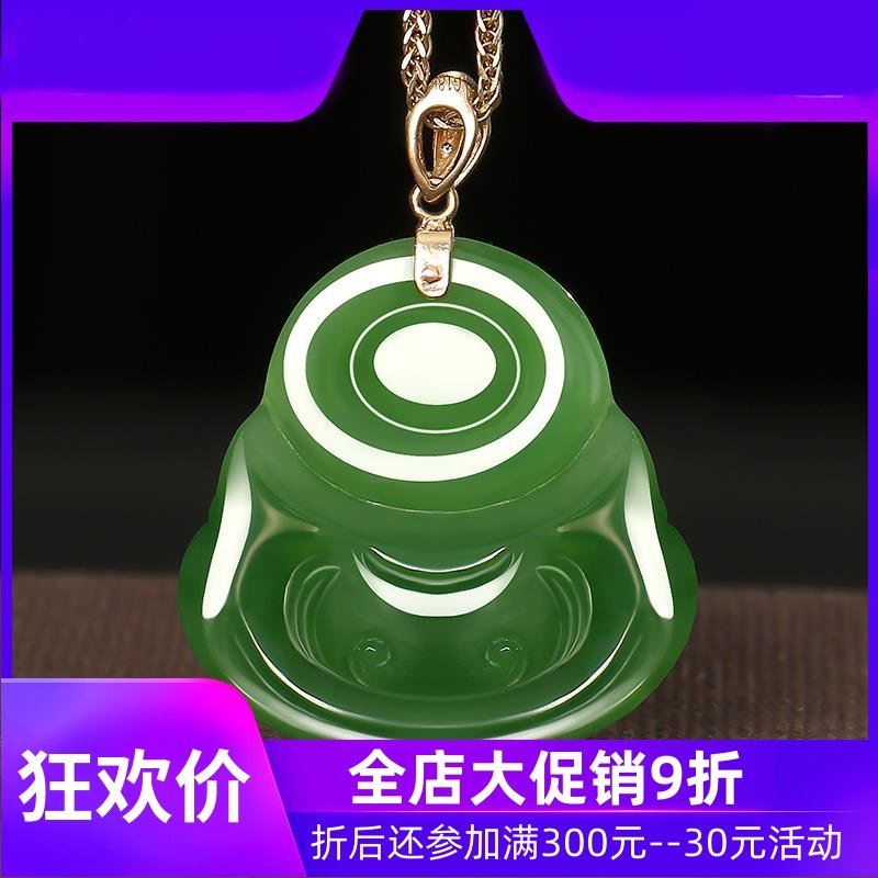 和田玉碧玉佛吊坠女款笑佛项链菠菜绿弥勒佛公18K金镶挂件mzr