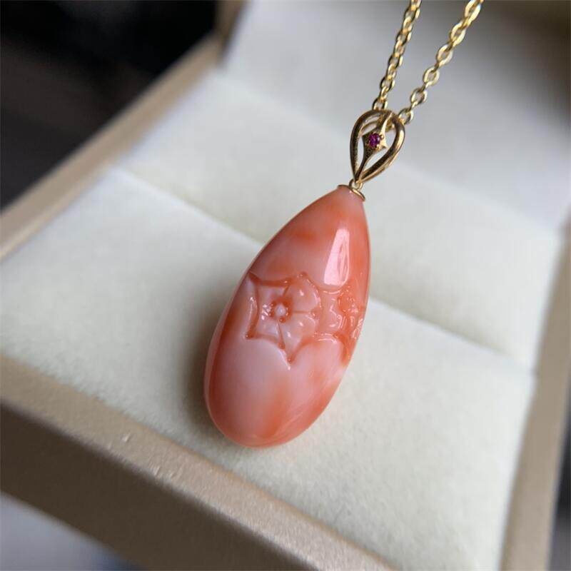 天然台湾莫莫红珊瑚18k金项链吊坠原色momo有机宝石阿卡粉红