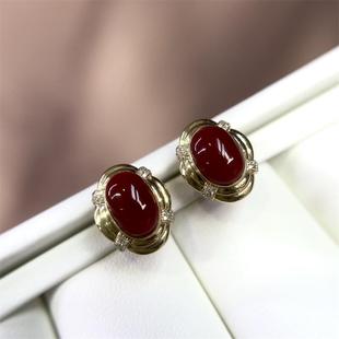 天然日本阿卡珊瑚18k金耳钉原色有机宝石阿卡沙丁牛血红科西嘉速