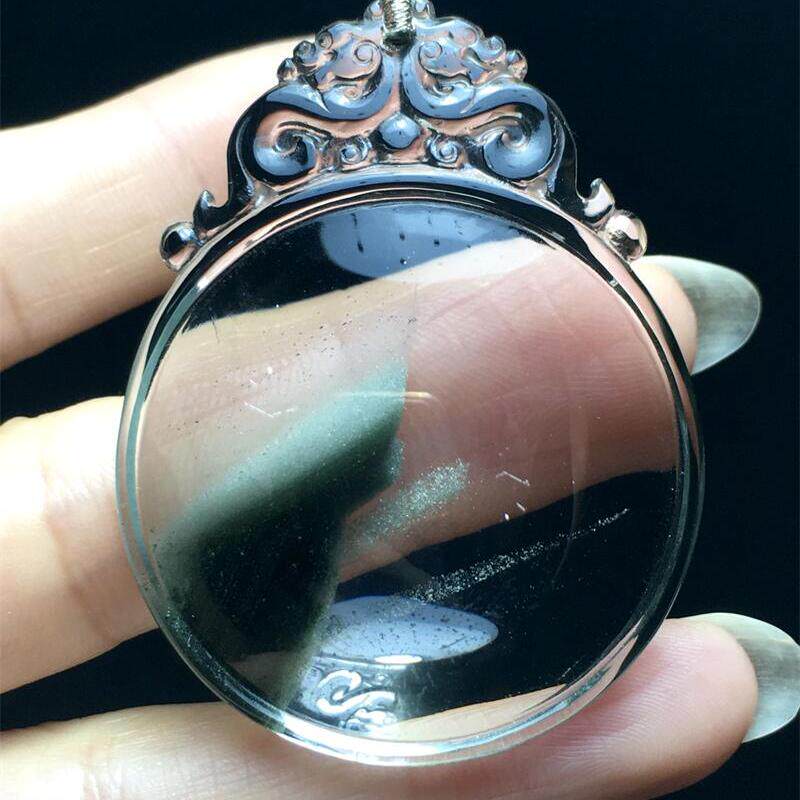 天然水晶巴西老矿绿幽灵龙佩平安扣项链吊坠33.3克千层山翠绿