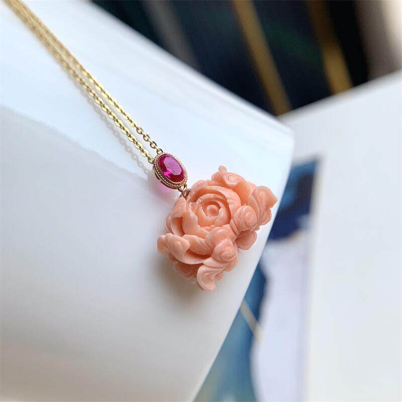 天然台湾莫莫珊瑚牡丹花项链吊坠原色momo有机宝石阿卡白粉颂