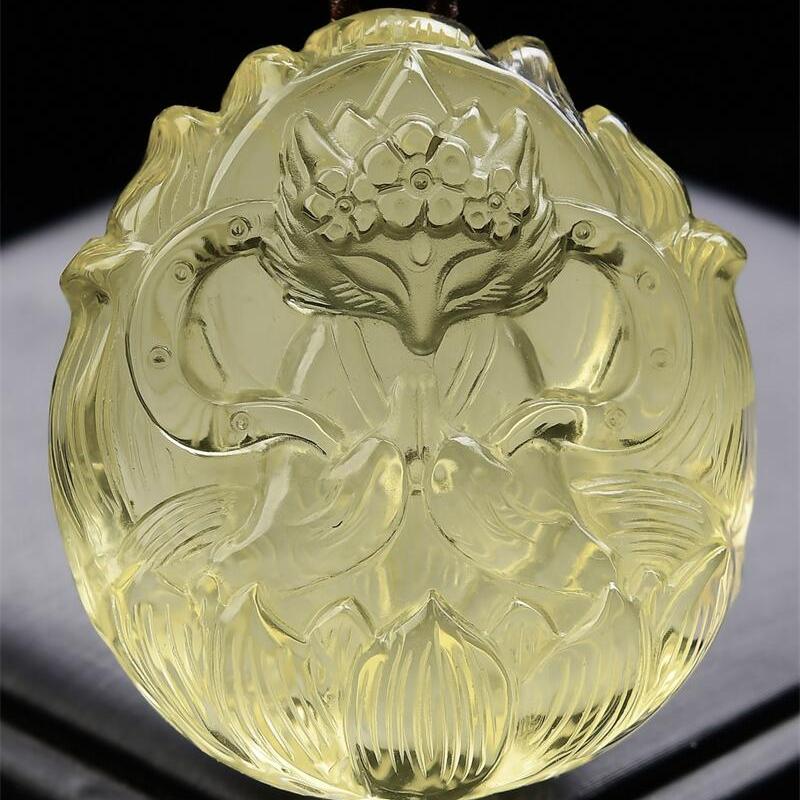收藏级加大号天然巴西黄水晶双九尾狐狸吊坠项链手工雕工74.3g即
