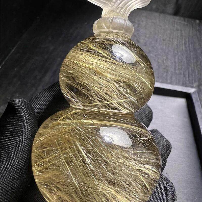 天然水晶金发晶巴西板钛晶猫眼葫芦手把件130.8g原矿顺发邮