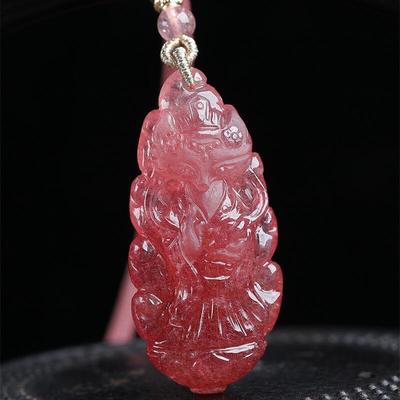天然水晶原矿草莓晶九尾狐项链吊坠26.1克鸽血红收藏级送礼物秀