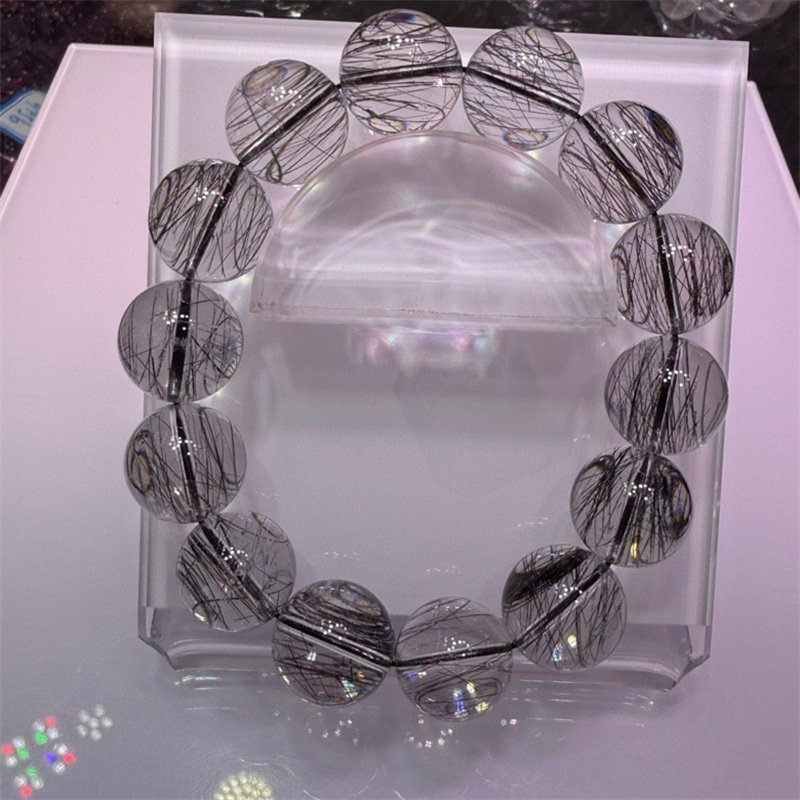 巴西天然黑发晶大颗粒顺发女款手链手串天然黑发晶17mm发丝浓密贺