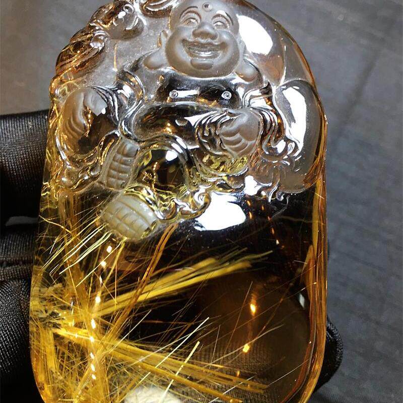 天然水晶巴西钛晶佛手把件摆件163克金发晶钛晶板钛猫眼原矿贺