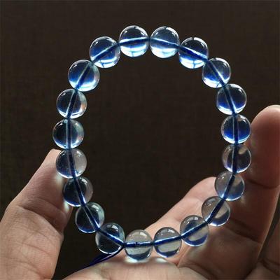 天然水晶海蓝宝石手链手串10mm收藏级几乎玻璃体补水圣蓝色水晶颂