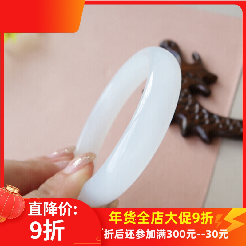 和田玉白玉手镯 白色羊脂玉中宽条手镯 女款玉首饰天然玉圈口55mm