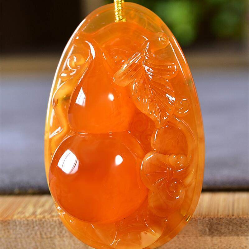 天然俄料原矿鸡油红老蜜蜡雕刻葫芦女款项链吊坠20.5克无烤色秀