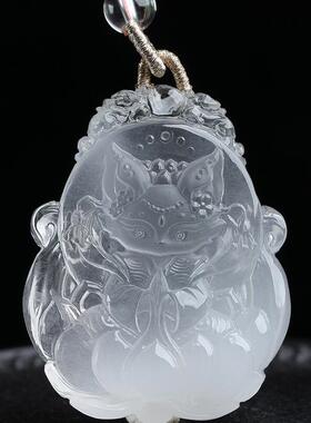 天然水晶白兔毛白兔毛水晶萌九尾狐项链吊坠41.7克晶体通透发晶秀