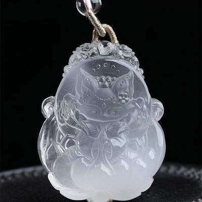 天然水晶白兔毛白兔毛水晶萌九尾狐项链吊坠41.7克晶体通透发晶秀