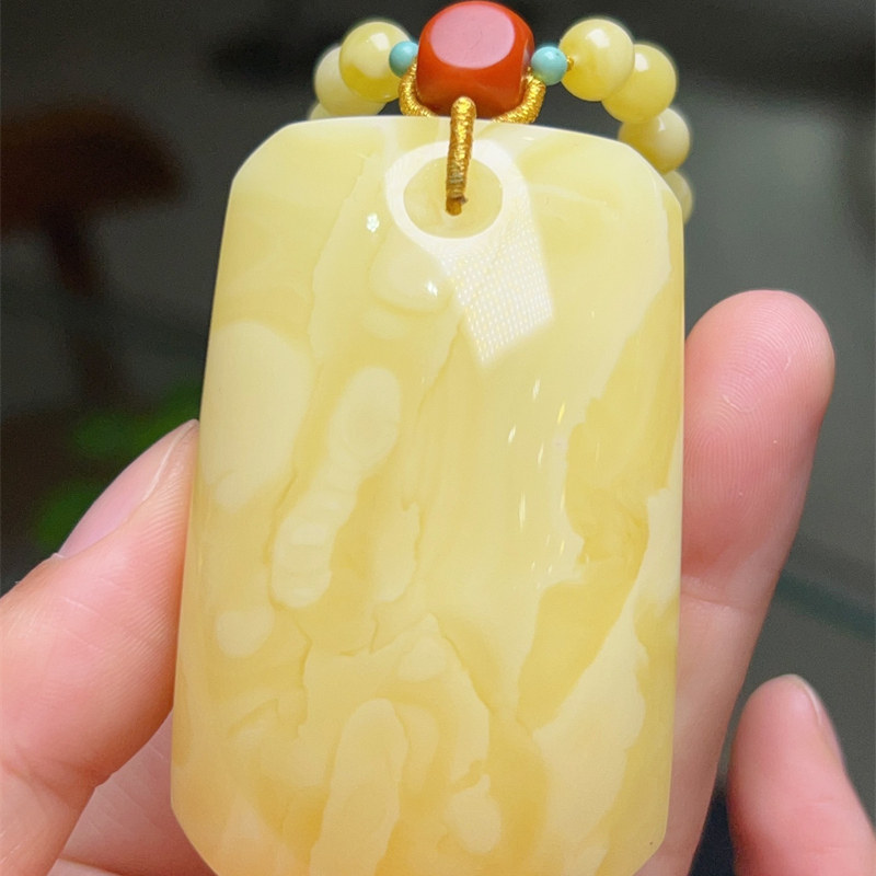 天然俄料原矿蜜蜡白花蜜蜡平安无事牌吊坠项链无烤色配蜜蜡链