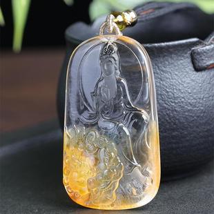 天然水晶黄胶花文殊菩萨本命佛项链吊坠36克通透体火彩凤凰焦花秀