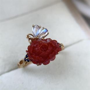 天然日本阿卡赤血红珊瑚牡丹花18k金戒指原色沙丁深海红科西嘉颂