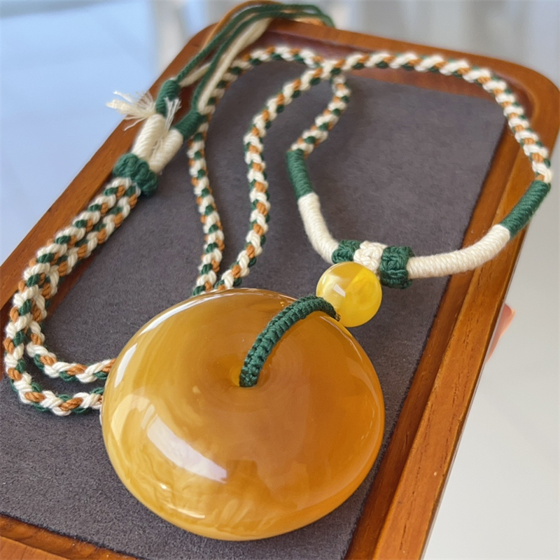 天然俄料原矿鸡油黄蜜蜡平安扣吊坠项链蜜糖色无优化无烤色琥珀速