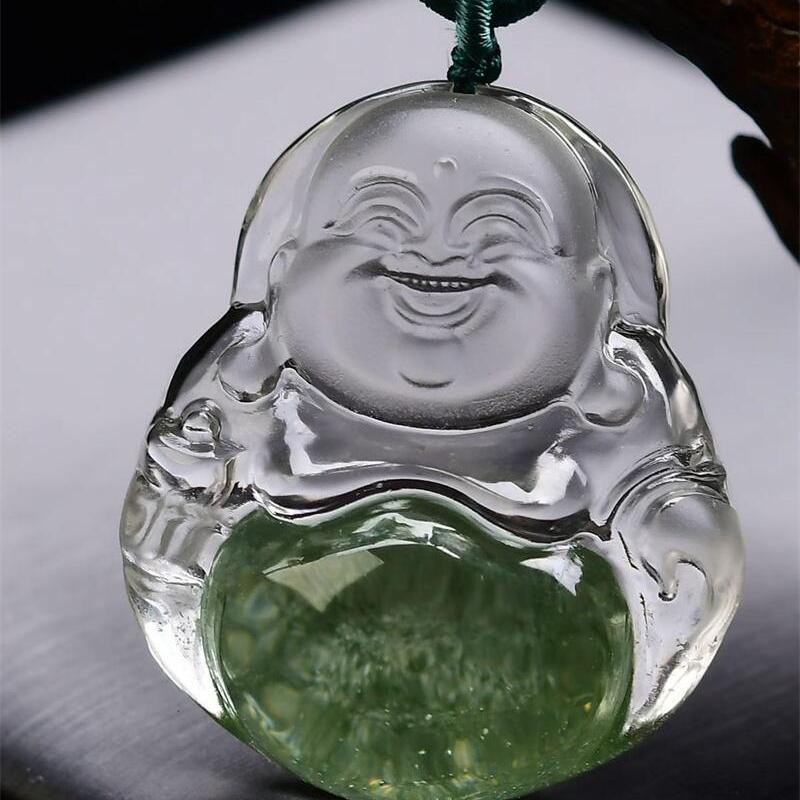 天然巴西水晶绿幽灵俏色手工雕刻立体佛吊坠项链全净体26.5g即
