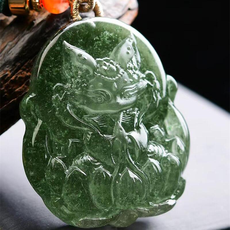 大号天然巴西原矿水晶绿幽灵九尾狐狸吊坠项链手工雕工27.4g即