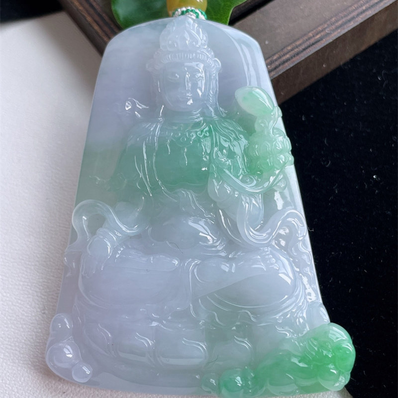 天然缅甸A货翡翠a货冰种春带彩紫罗兰大势至菩萨吊坠项链81.13g即