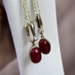 天然日本阿卡珊瑚18k金耳圈耳坠原色有机宝石阿卡沙丁黑赤血速