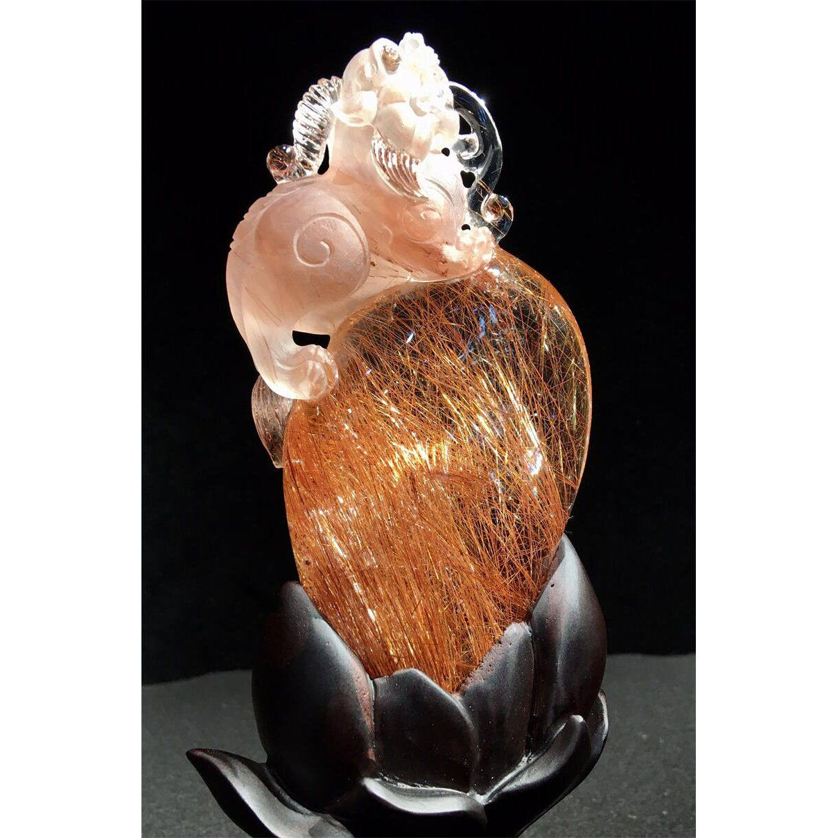 天然巴西水晶红发晶招财兽摆件191.1g透体钛晶板钛猫眼原矿顺发速
